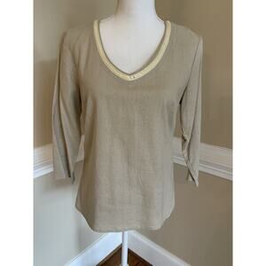 Selen Sport Linen Top, Sequin Neckline, Womens Small, 3/4 Sleeves, Natural Beige